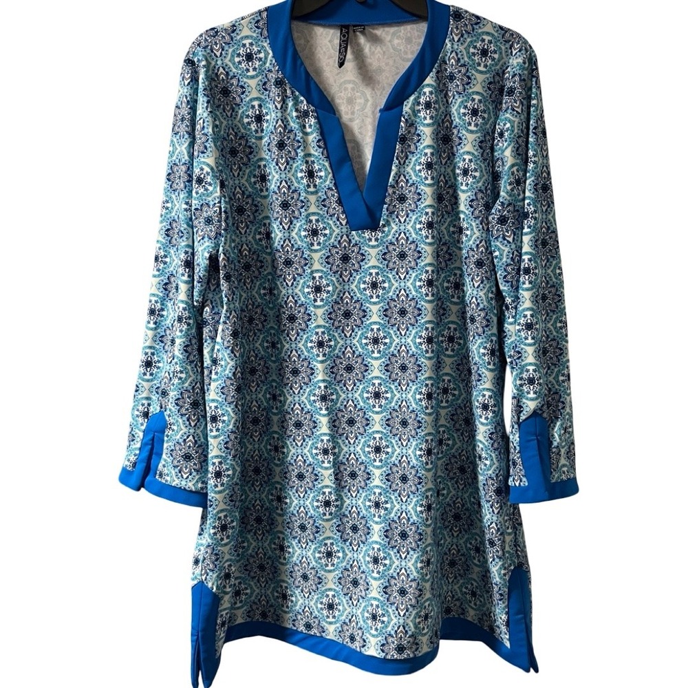 Aqua et Sol Blue White Medallion Print Tunic Dress Coverup UPF 50+ Women Size XL